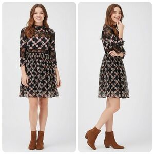 Sandro Paris Daisy Print Black Dress Silk Blend Lace Bodice Size Medium